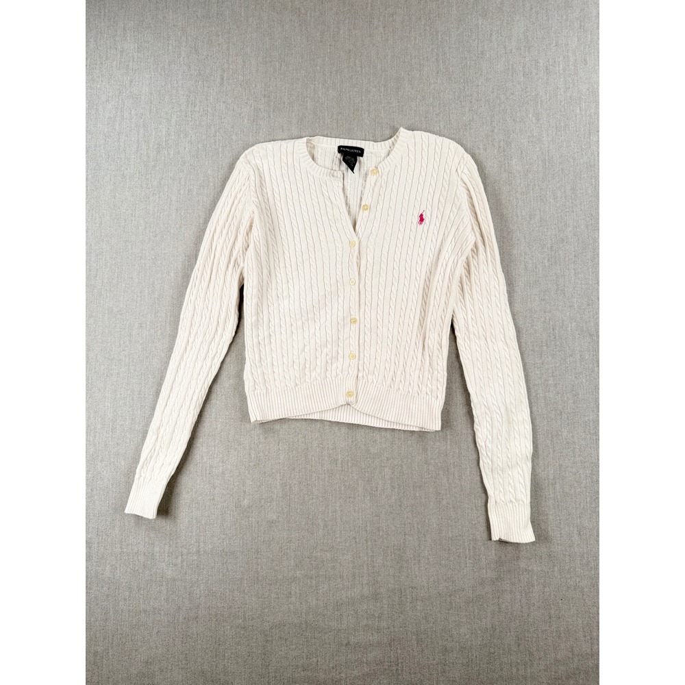 Ralph Lauren Girls XL 16 Cream Cable Knit Cardigan Sweater Pink Pony Cotton